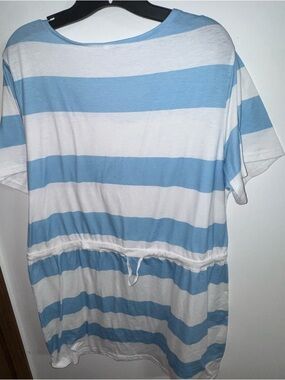 Casual Blue and White Striped Drawstring Tunic